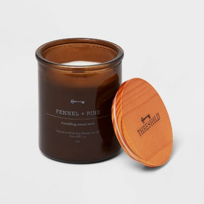 9oz Lidded Amber Glass Jar Crackling Wooden Wick Fennel And Pine Candle - Threshold™