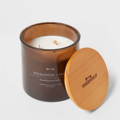 23oz XL 3-Wick Eucalyptus + Palm Wooden Amber Glass With Wood Lid And Stamped Logo Amber - Threshold™