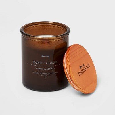 9oz Lidded Glass Jar Crackling Wooden Wick Rose And Cedar Candle - Threshold™