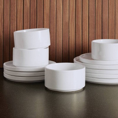 12pc Stoneware Stella Dinnerware Sets White - Threshold™: Solid Dishware Set, Service For 4, Microwave & Dishwasher Safe