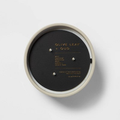 15oz Ceramic Jar 3-Wick Black Label Olive Leaf And Oud Candle - Threshold™