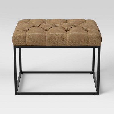  Trubeck Tufted Metal Base Ottoman Faux Leather Brown - Threshold™: Padded Footstool, No Assembly Required