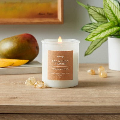  9oz Milky White Glass Woodwick Candle With Wood Lid And Stamped Logo Red Mango And Amber - Threshold™