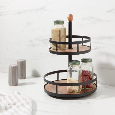  Wood 2-Tier Round Spice Rack - Threshold™: Revolving Black Organizer, Freestanding Seasoning Holder, Wood & Steel