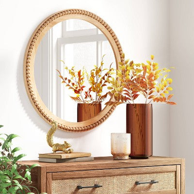  28" Dia Round Wooden Beaded Wall Mirror Natural - Threshold™