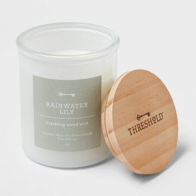  9oz Milky White Glass Woodwick Candle With Wood Lid And Stamped Logo Rainwater Lily - Threshold™