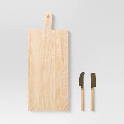  3pc 19.35"x8" Rubberwood Rectangle Serving Board With Brass Cheese Tools Brown - Threshold™: Charcuterie Platter Set