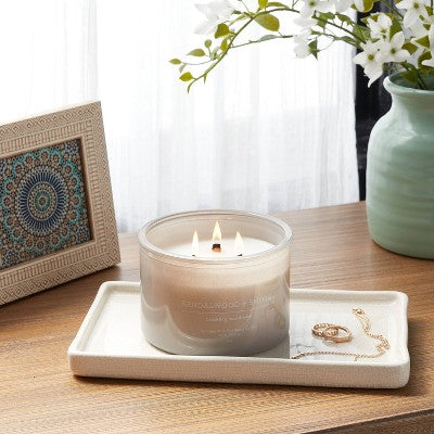  14oz Lidded Gray Glass Jar Crackling Wooden 3-Wick Candle With Clear Label Sandalwood + Smoke - Threshold™