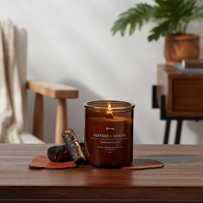  9oz Lidded Glass Jar Crackling Wooden Wick Candle Leather And Embers - Threshold™