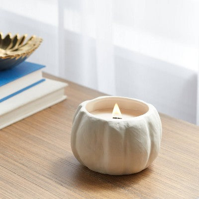  12oz Brushed Abstract Pumpkin Ceramic With Woodwick And Dustcover Dried Leaves + Hickory Candle - Threshold™