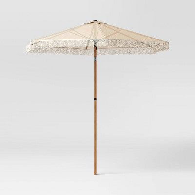  7.5'x7.7' Hexagon Macrame Outdoor Patio Market Umbrella Beige With Faux Wood Pole - Threshold™
