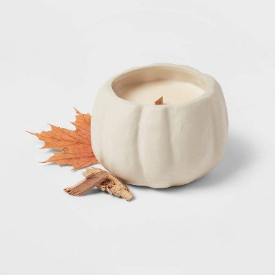  12oz Brushed Abstract Pumpkin Ceramic With Woodwick And Dustcover Dried Leaves + Hickory Candle - Threshold™