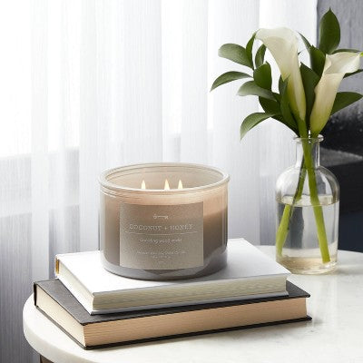  14oz Lidded Gray Glass Jar Crackling Wooden 3-Wick Candle With Paper Label Coconut And Honey  - Threshold™
