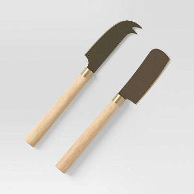  3pc 19.35"x8" Rubberwood Rectangle Serving Board With Brass Cheese Tools Brown - Threshold™: Charcuterie Platter Set