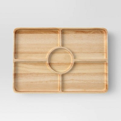  Rubberwood Sectioned Serving Board - Threshold™: Charcuterie & Sectional Platter, Hand Wash, Brown