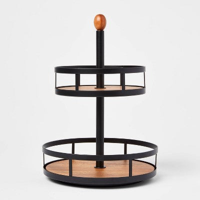  Wood 2-Tier Round Spice Rack - Threshold™: Revolving Black Organizer, Freestanding Seasoning Holder, Wood & Steel