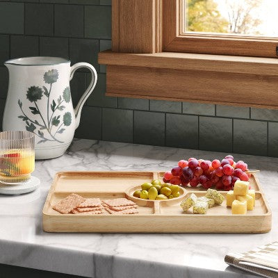  Rubberwood Sectioned Serving Board - Threshold™: Charcuterie & Sectional Platter, Hand Wash, Brown