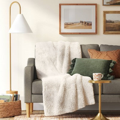  Long Faux Fur Throw Blanket Off White - Threshold™
