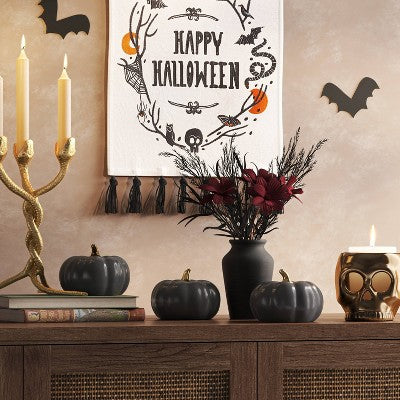  Set Of 3 Small Ceramic Halloween Pumpkins With Gold Stem - Threshold™