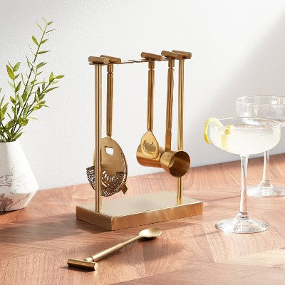  5pc Metal Bar Tool Set With Stand Gold - Threshold™: Barware Set, Gold Bar Accessories, Nonslip Base