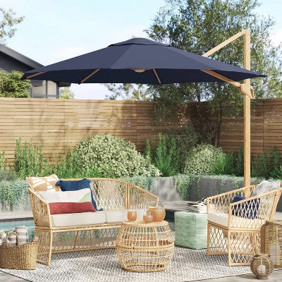  11'x11' Offset Solar Outdoor Market Umbrella Navy - Light Wood Pole - Threshold™
