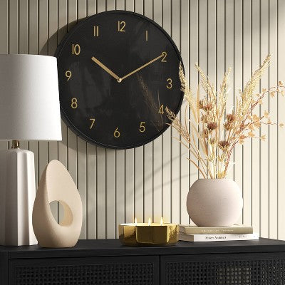  16" Luxe Wall Clock Black/Brass - Threshold™: Sleek Round Design For Home Decor