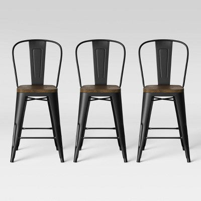  Set Of 3 Carlisle Backed Counter Height Barstool With Wood Seat Matte Black - Threshold™