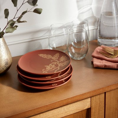  4pk Ceramic App Dining Plates Rust Floral - Threshold™