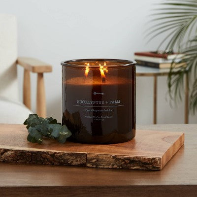  23oz XL 3-Wick Eucalyptus + Palm Wooden Amber Glass With Wood Lid And Stamped Logo Amber - Threshold™