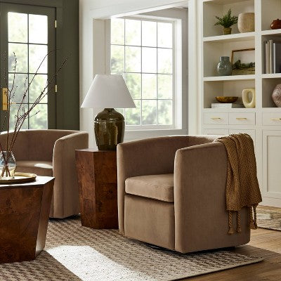  Vernon Upholstered Barrel Swivel Chair Light Brown Velvet - Threshold™ Designed With Studio McGee