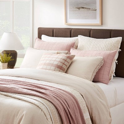  Square Woven Plaid Decorative Throw Pillow Mauve/Light Beige - Threshold™ Designed With Studio McGee: Cotton Dobby, Indoor Use, Hidden Zipper