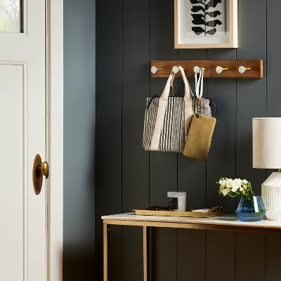  Metal And Faux Marble 5 Gold Hooks Rail On Acacia Wood - Threshold™
