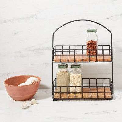  Iron And Mangowood 2-Tier Wire Spice Rack Black - Threshold™: Spice Organizer, Freestanding Kitchen Rack