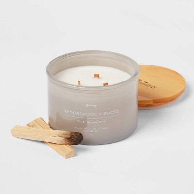  14oz Lidded Gray Glass Jar Crackling Wooden 3-Wick Candle With Clear Label Sandalwood + Smoke - Threshold™