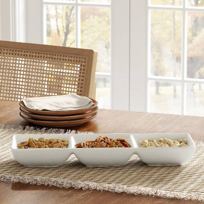  Porcelain 3-Section Divided Serving Tray White - Threshold™: Party Platter, Rectangle, Oven & Microwave Safe