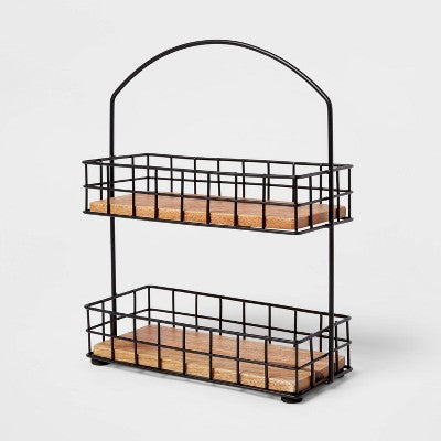  Iron And Mangowood 2-Tier Wire Spice Rack Black - Threshold™: Spice Organizer, Freestanding Kitchen Rack