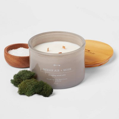  14oz Lidded Gray Glass Jar Crackling Wooden 3-Wick Candle With Clear Label Ocean Air + Moss - Threshold™