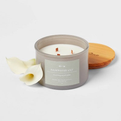  14oz Lidded Gray Glass Jar Crackling Wooden 3-Wick Candle With Paper Label Rainwater Lily - Threshold™