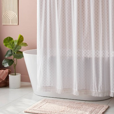  Textured Crochet Trim Shower Curtain White - Threshold™