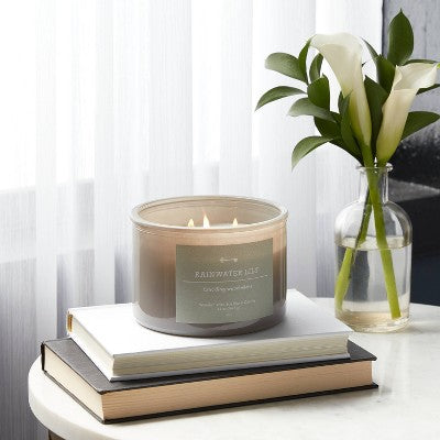  14oz Lidded Gray Glass Jar Crackling Wooden 3-Wick Candle With Paper Label Rainwater Lily - Threshold™