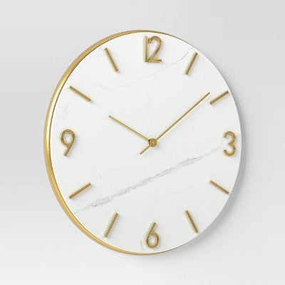 26" Faux Marble Finished In Polished Brass Wall Clock White - Threshold™: Elegant Timepiece For Indoor Use
