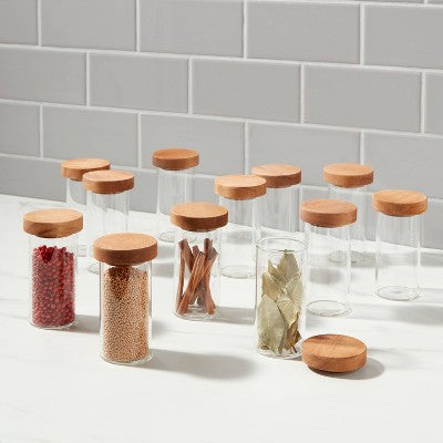  4oz 12pk Round Spice Jar With Wood Lids Set - Threshold™: Glass Condiment Servers, Hand Wash, Traditional Style