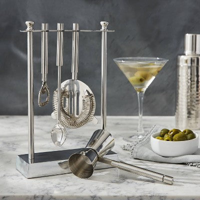  5pc Stainless Steel Bar Tool Set With Stand Silver - Threshold™: Barware Kit With Storage Case