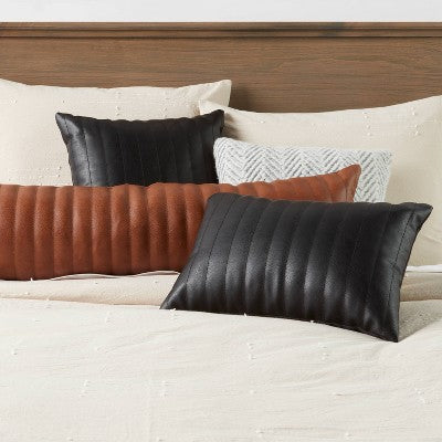  Lumbar Faux Leather Channel Stitch Decorative Throw Pillow - Threshold™