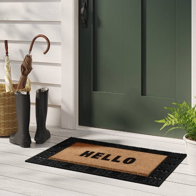  1'11"x2'11" 'Hello' Rubber Coir Doormat Natural/Black - Threshold™