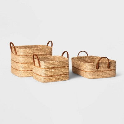  Braided Water Hyacinth Basket With Faux Leather Handles - Threshold™