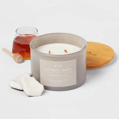  14oz Lidded Gray Glass Jar Crackling Wooden 3-Wick Candle With Paper Label Coconut And Honey  - Threshold™