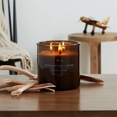  23oz XL 3-Wick Sandalwood + Smoke Wooden Amber Glass With Wood Lid And Stamped Logo Amber - Threshold™