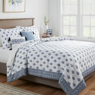  5pc Block Print With Border Comforter Bedding Set White/Blue - Threshold™