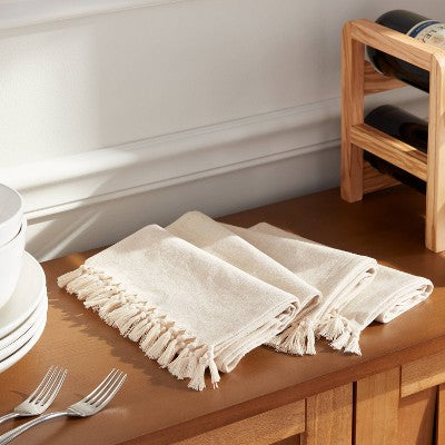  4pk Cotton Slub With Tassel Trim Tied Fringe Napkin Light Beige - Threshold™: Cloth & Linen Kitchen Textiles, OEKO-TEX Certified
